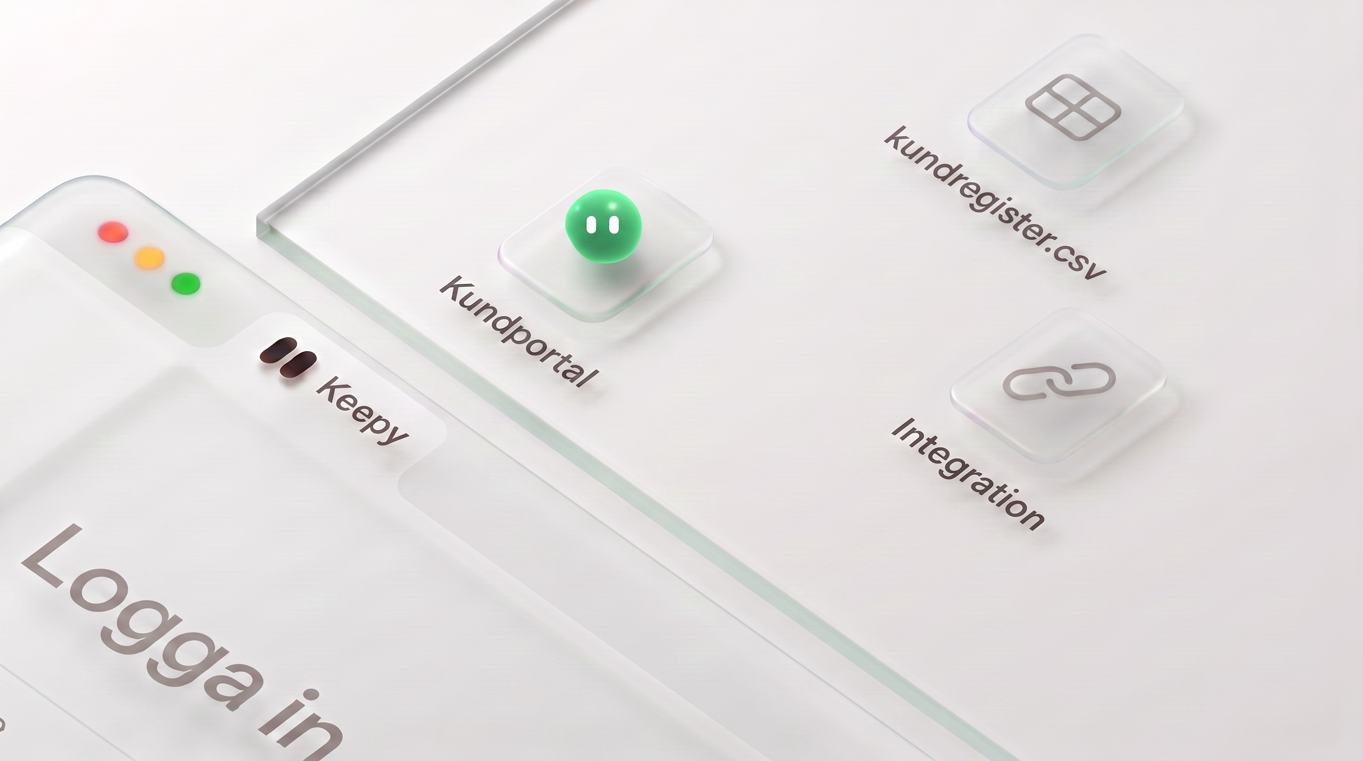 Keepys kundportal som glasplatta, med kundregistret och integrationen bredvid inloggningsfönstret.