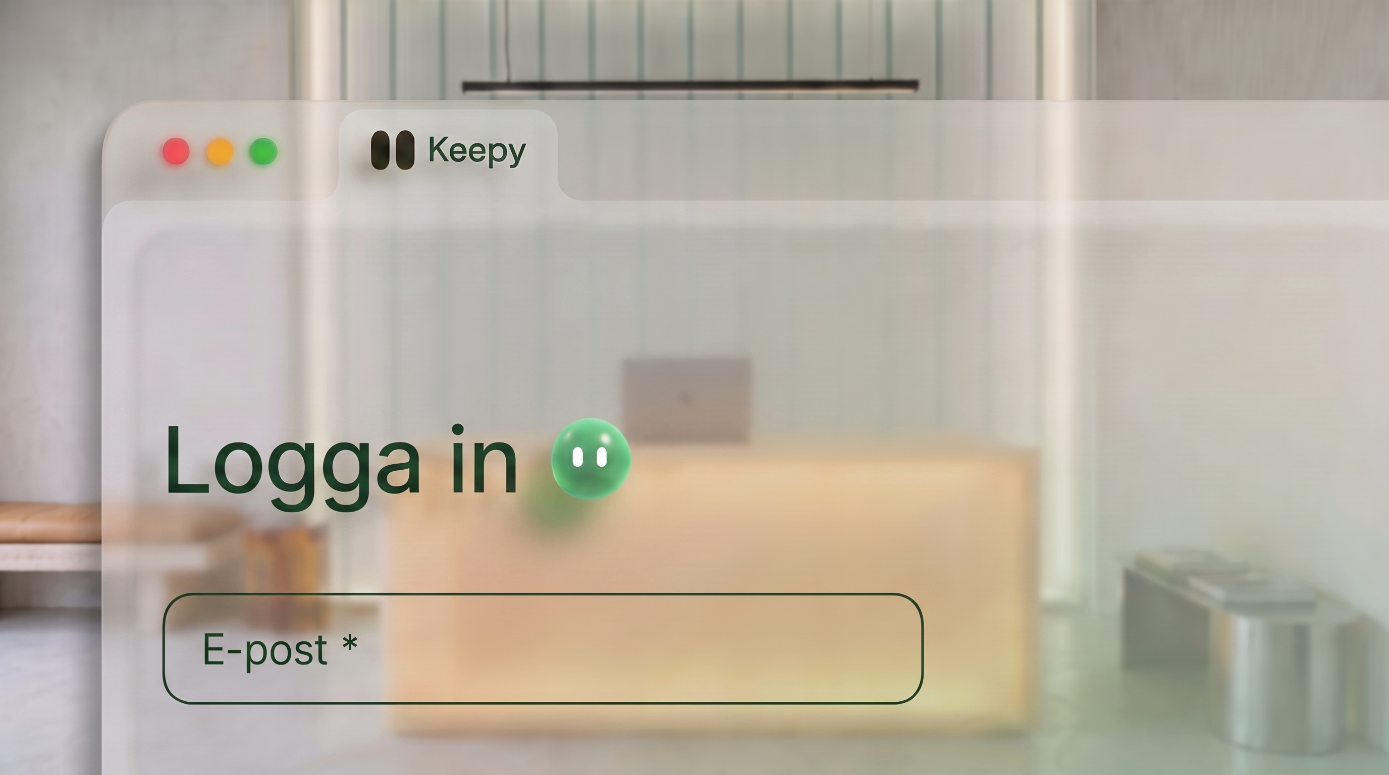 Inloggningen till Keepys kundportal, öppen framför en receptionsdisk.